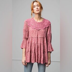 Easel Pink Floral Blouse with Lace Detail
